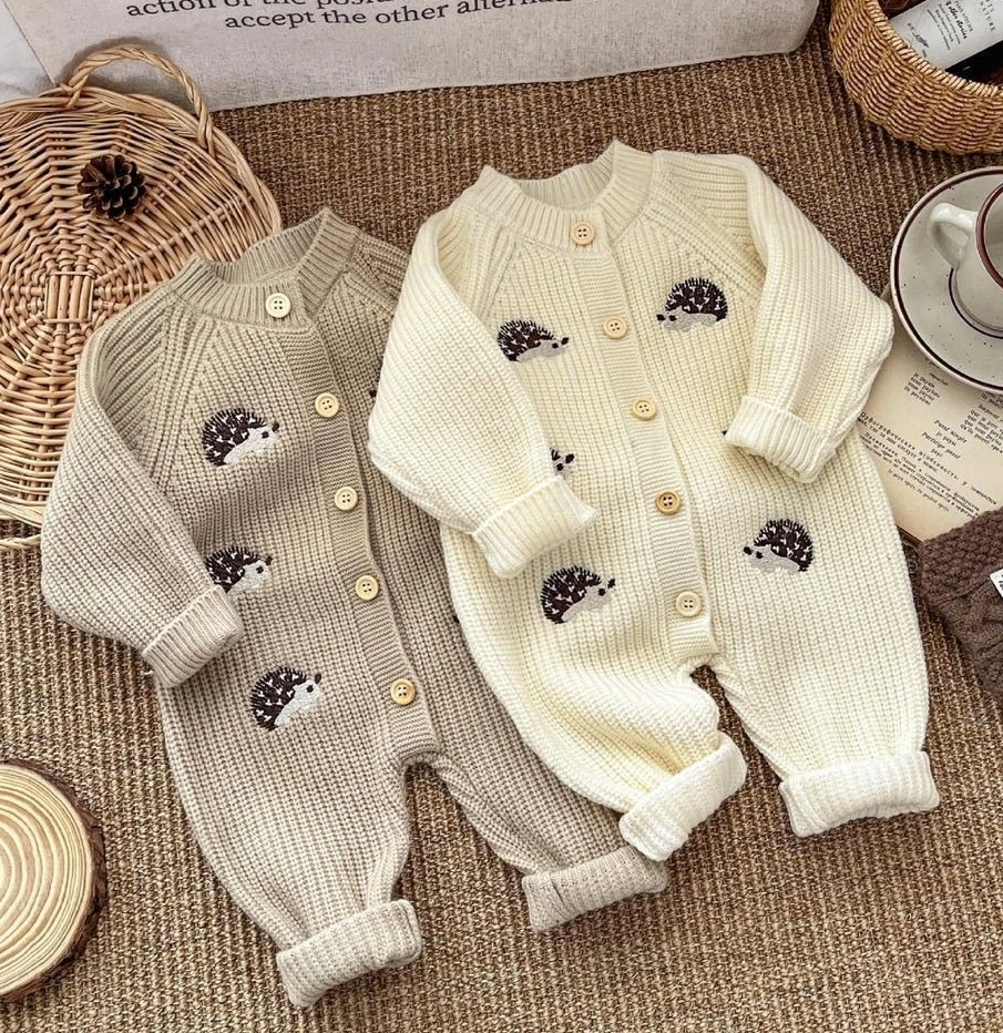 Baby Nursery Embroidery - Hedgehog Embroidery Baby Knitted Romper Long-Sleeve