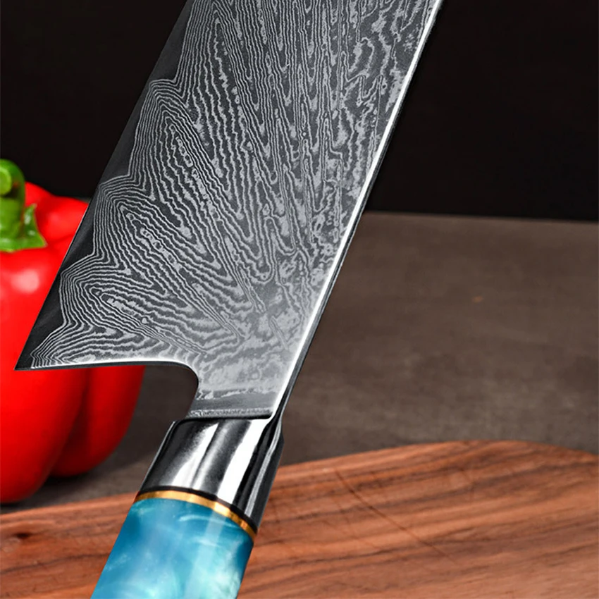 Damascus Kitchen Knife Chef Japanese Knife High Carbon Steel Butcher Knives Utility Slicing Santoku Cooking with Resin Handle