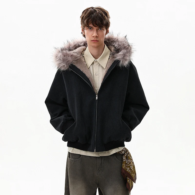 루젠 2025 겨울 고품질 인조 모피 후드 패딩 코트 남성 패션 우아한 분위기 단색 캐주얼 파카 JY5424