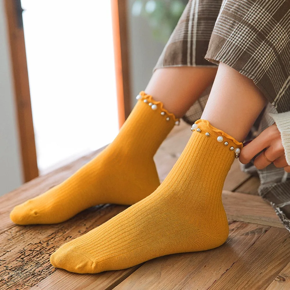 

Autumn Harajuku Cotton Pearl Kawaii Casual Girls Fungus Socks College Style Hosiery Middle Tube Hosiery Korean Style Socks