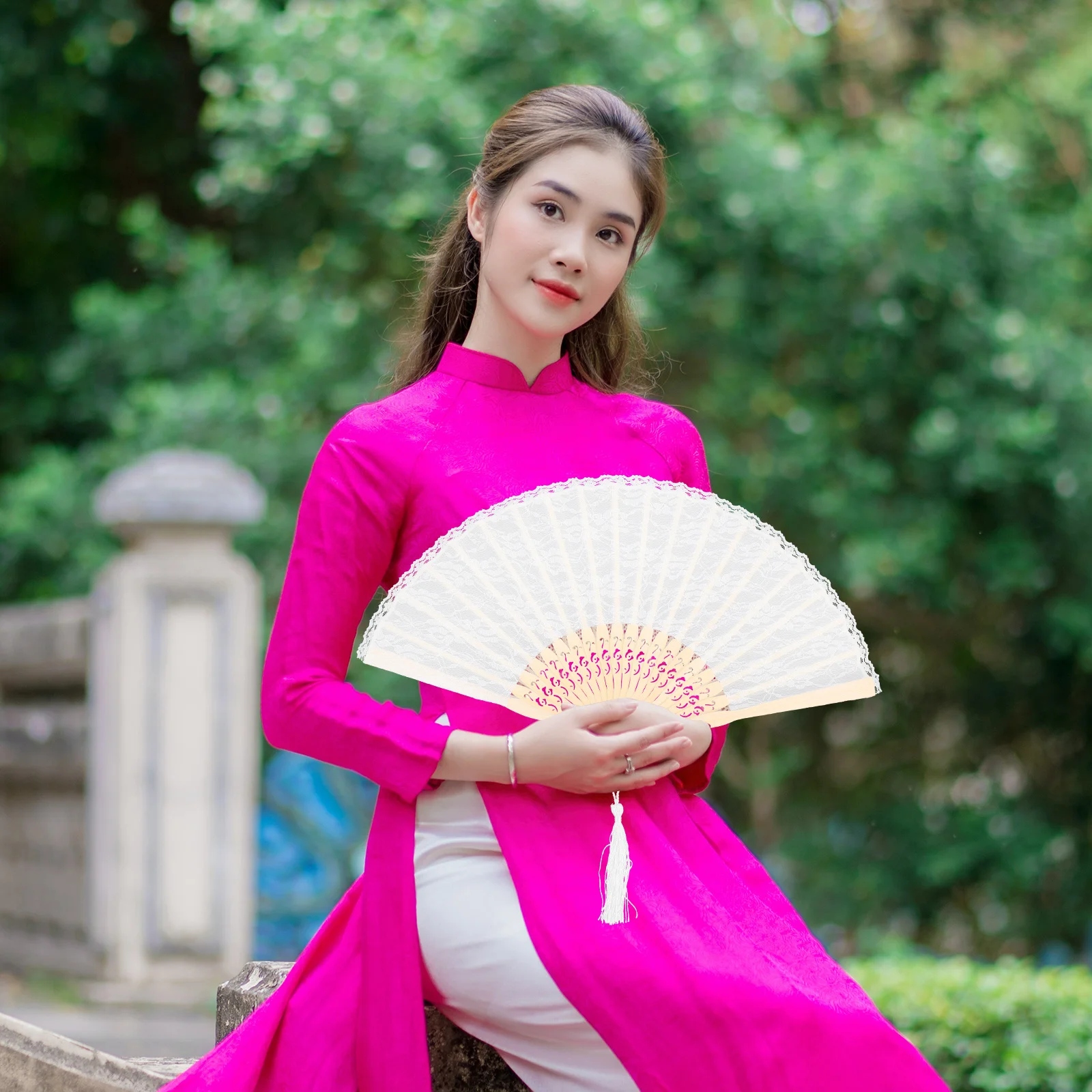 

Folding Fan with Lace and Wood Style Classic Foldable Fan for Wall Adornment Traditional Craft Festival Accessory