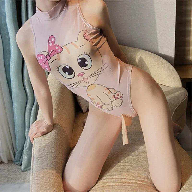 Mens Bodysuit Thong Leotard Sissy Pouch Penis Sheath Jumpsuit Japanese Anime Cartoon Stretch Swimsuit Gay Soft Smooth Pajamas