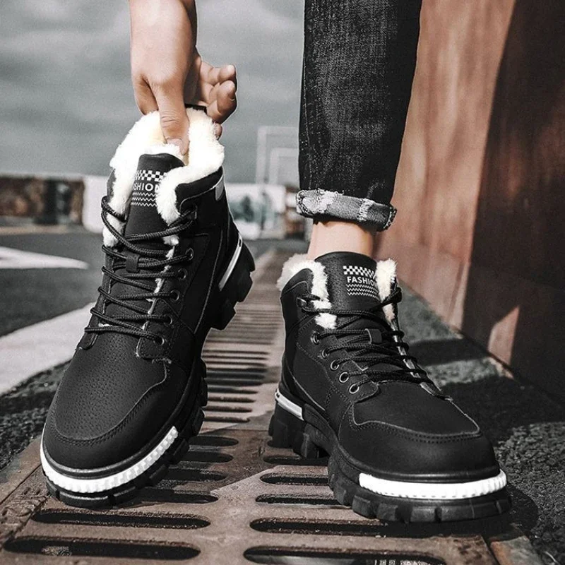 Winter Men's Fleece Lined Thickened Cotton Padded High Top Work Style Lace Up Snow Boots Trendy Letter Design Anti Slip