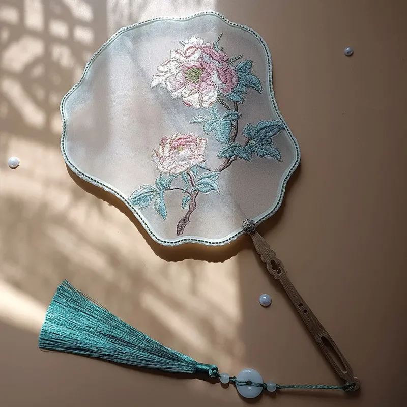 Chinese Style Hand Held Fan Peony Embroidery Portable Fan for Dance Runway Shows Hanfu and Cheongsam Accessories