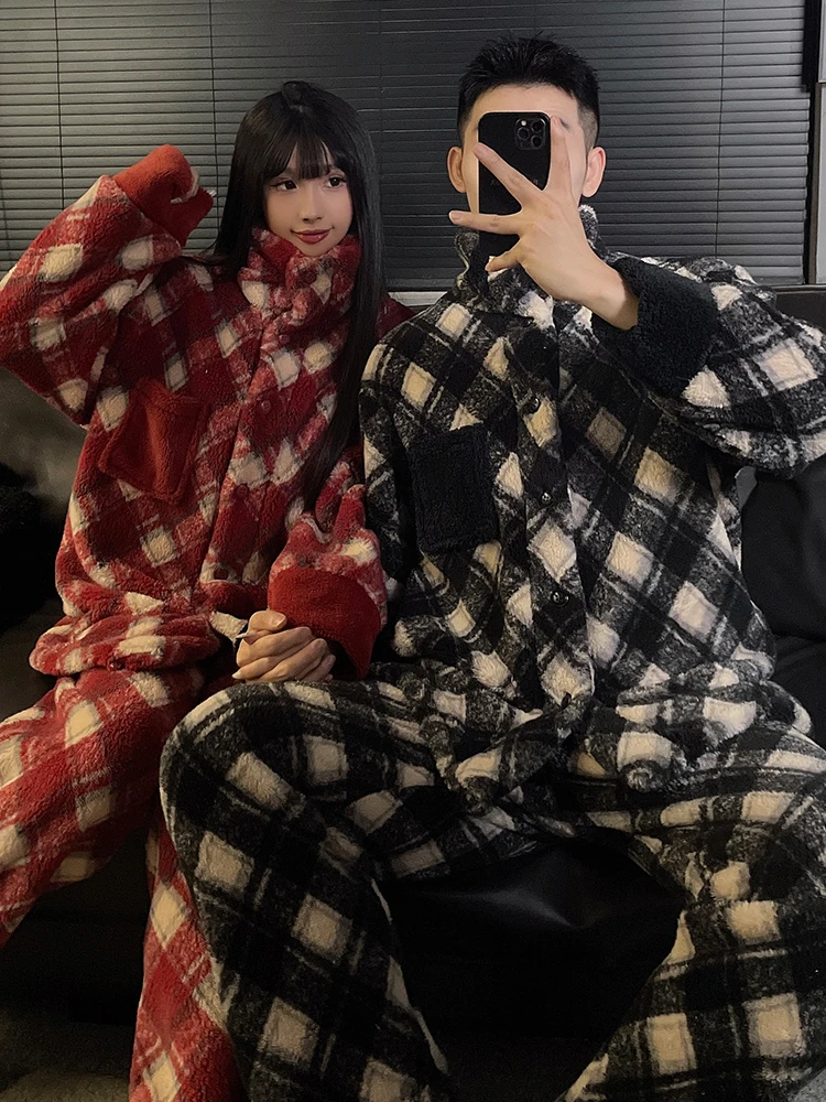 DAIMELU بيجامات رجالي بأكمام طويلة ملابس نوم شتوية من الصوف المرجاني سميكة مخملية للأولاد في سن المراهقة طقم ملابس نوم شتوية مقاس كبير