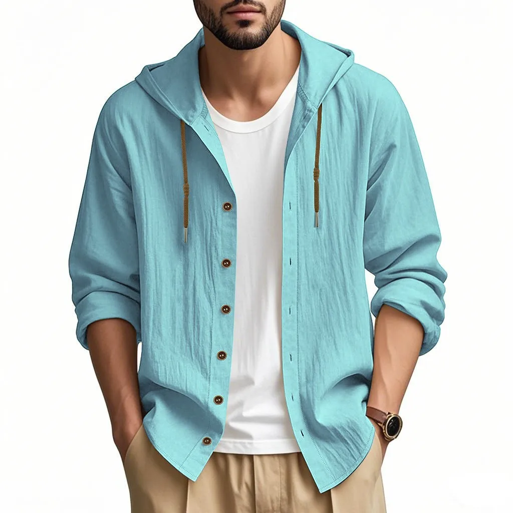 

2025 men's simple imitation cotton and linen casual loose breathable long-sleeved hooded shirt