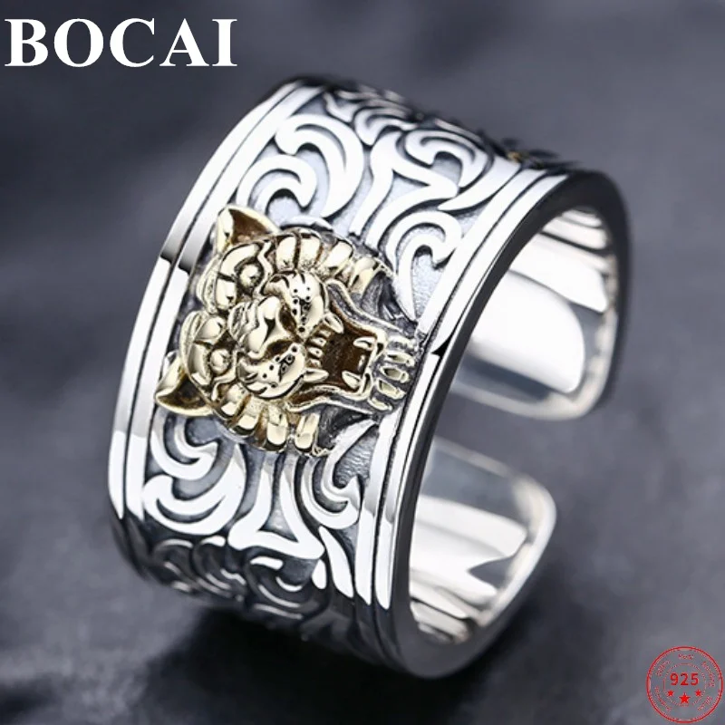 

BOCAI S925 Sterling Silver Rings New Fashion Simple Eternal Vine Totem Tiger Head Adjustable Argentum Hand Jewelry for Men