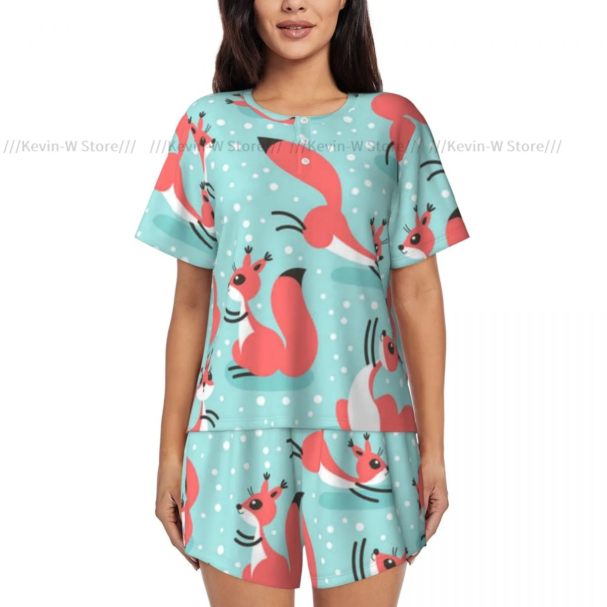 Women's Pajamas Short Sleeves Cute Squirrels Under Snowfall Winter Pattern 2 Pieces Female Summer Sleepwear Nightwear Homewear