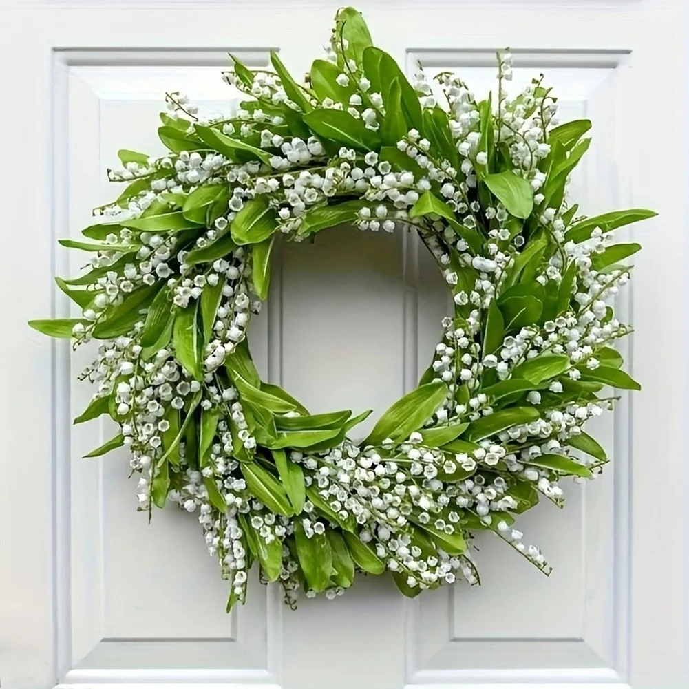 Artificial Floral Ring with for lily of the Valley Elements and Berries 45cm Green for Residential Commercial Spring Decor