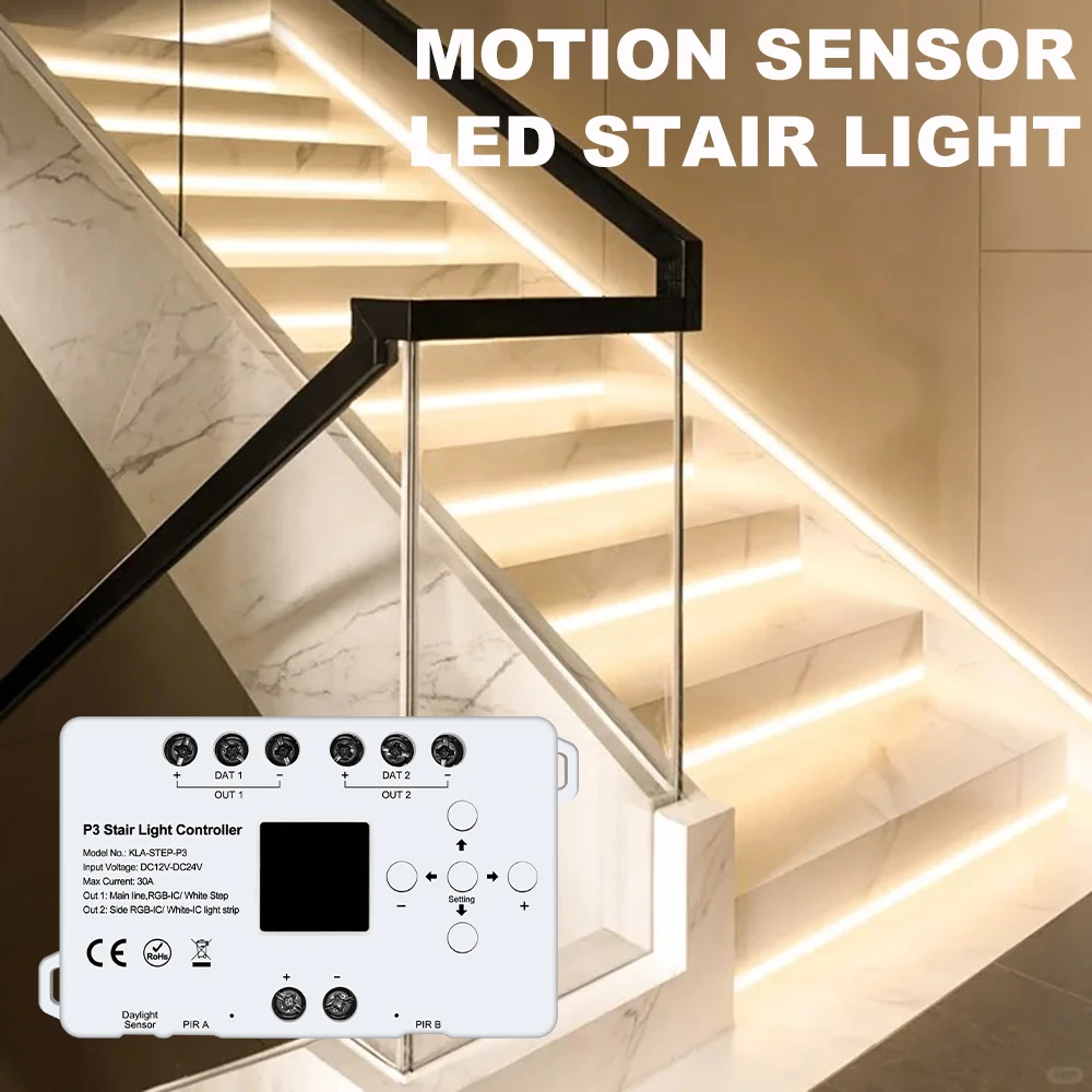 Motion Sensor LED Stair Light Step and Side Stair Lighting Easy Insallation COB Strip and Running Light Strip Indoor Stair Light