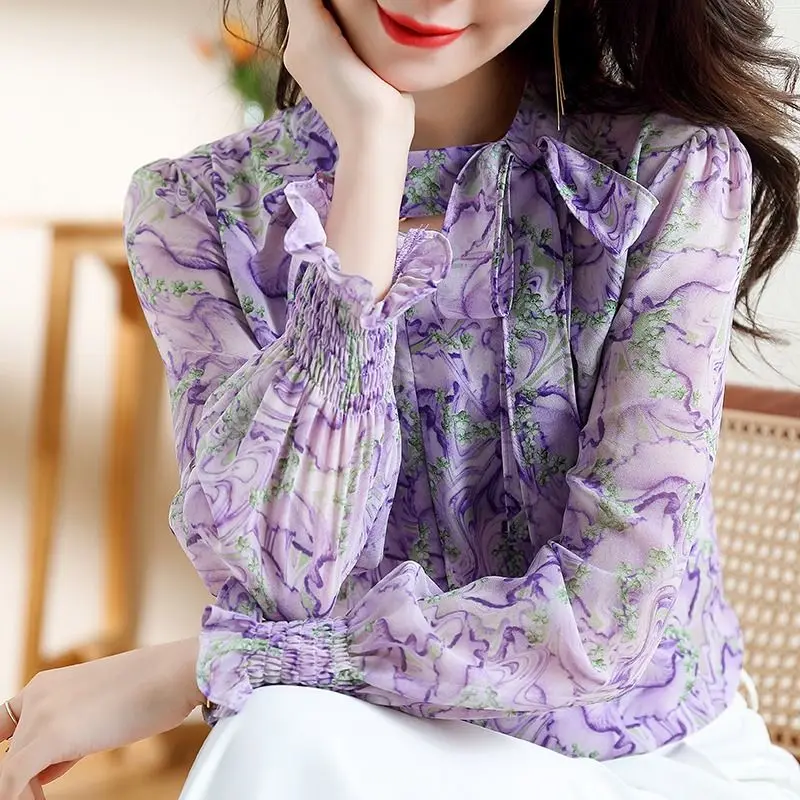 Korean Elegant Women\'s Long Sleeve Printed Chiffon Blouse Fashion Loose Round Neck Lace Up Shirt Spring Autumn Female Clothing