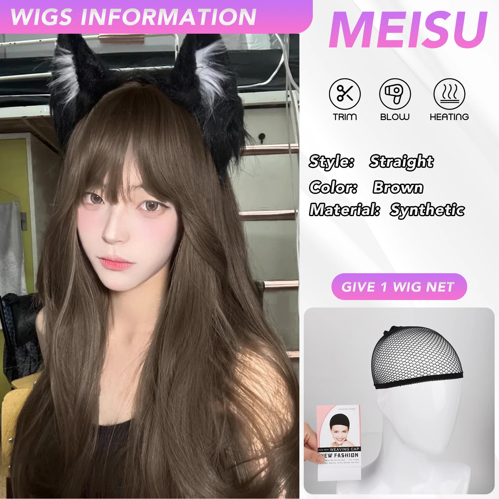 MEISU 26 Inch Synthetic Straight Wigs Air Bangs Hair BROWN Heat-Resistant Natural And Smoot Daily Wear For Women