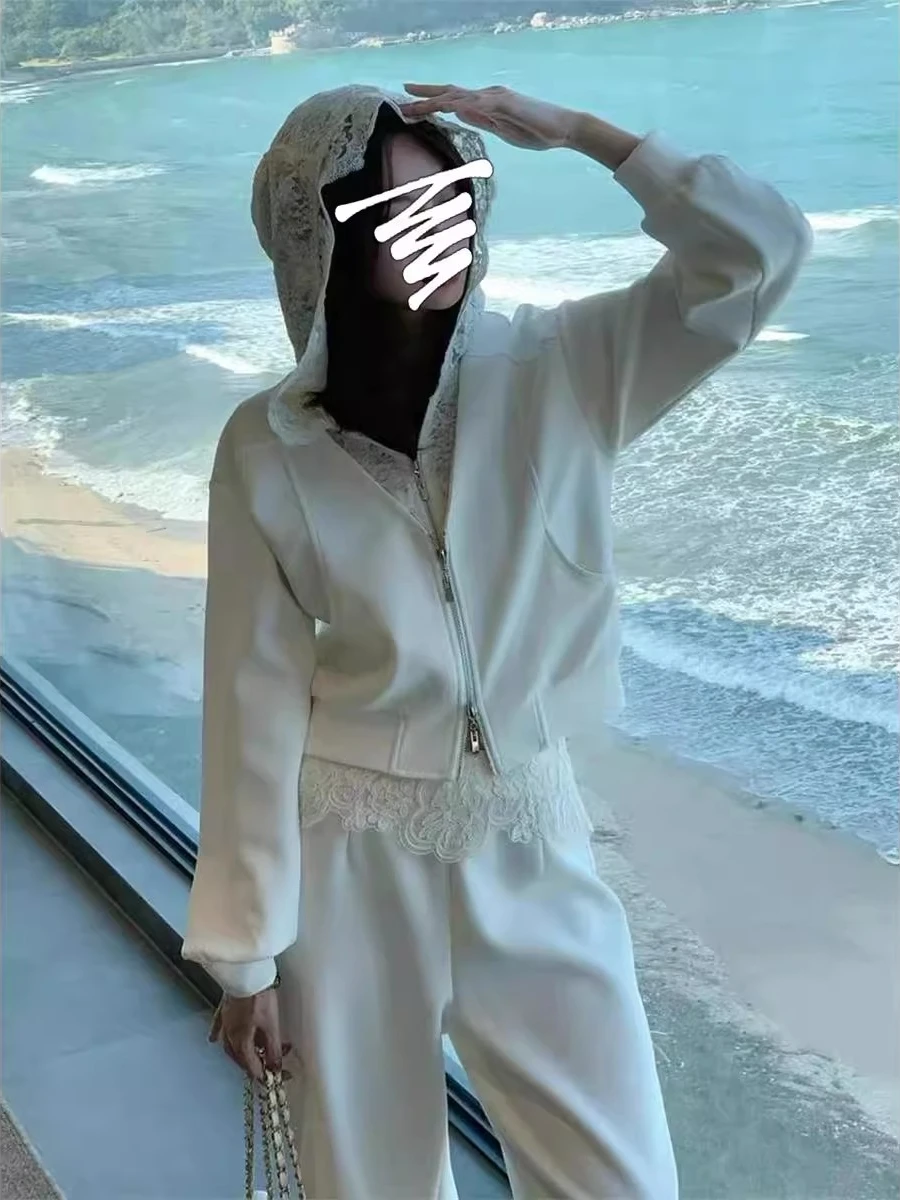 

Korean Sle Faionable Lace Splice Hat Women's Set Spring Autumn New Design Small ence Two-Piece Set Casual Chic