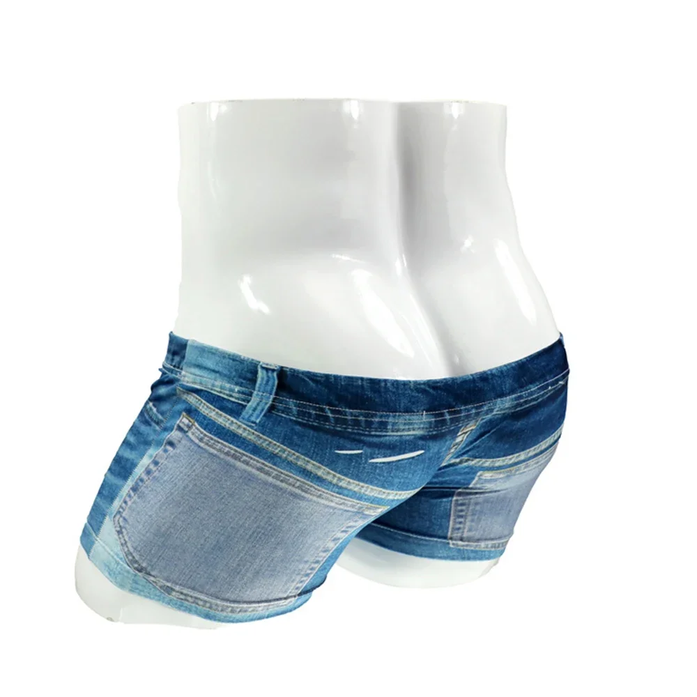 Boxer Shorts Men Big Bulge Pouchshorts Men\'s Ice Silk Thins 3D Denim Printed Fake Jean Underwear Mens Underpants