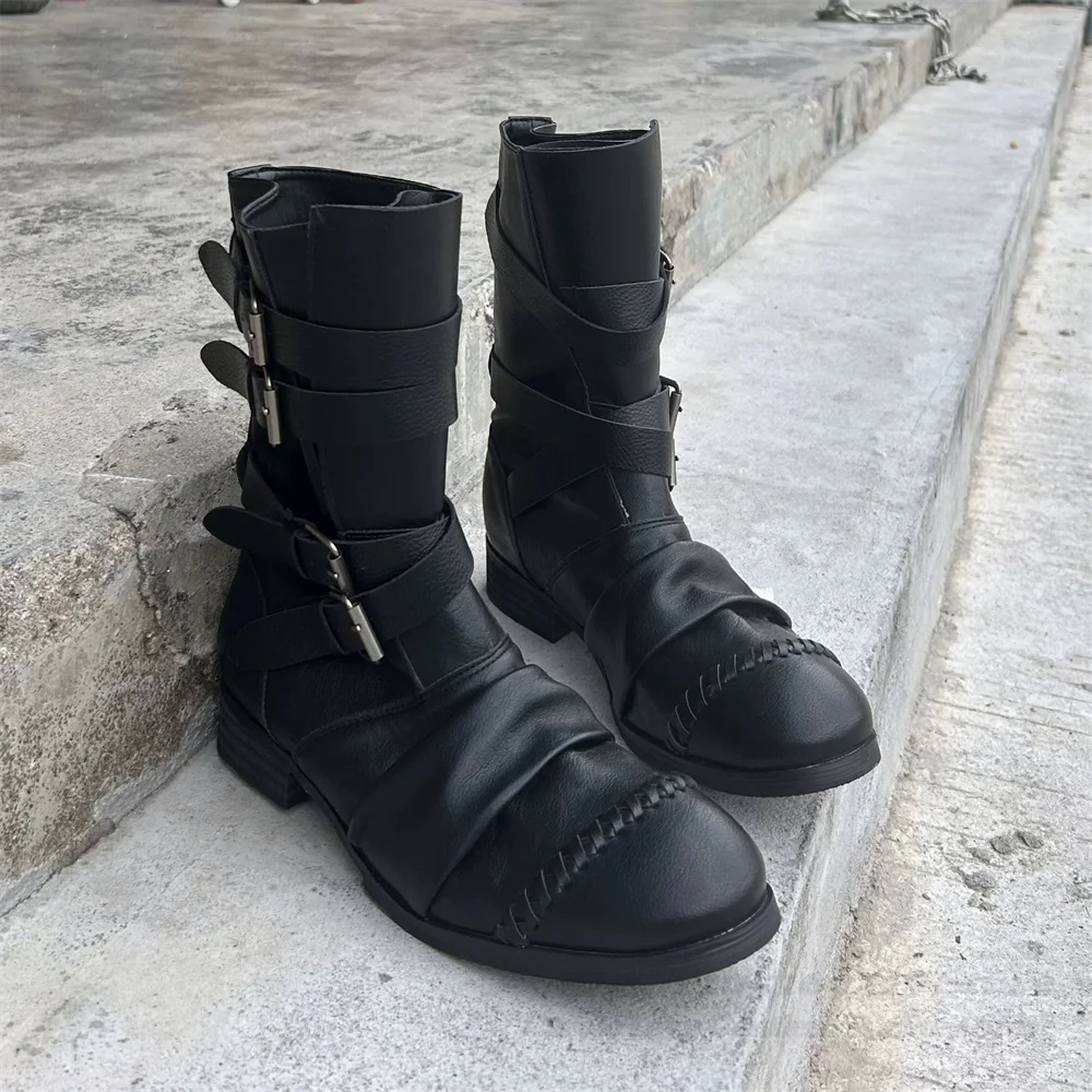 Dark Retro Pleated Knight Boots Unisex Belt Buckle Soft Leather Vintage Boots Western Cowboy Short Boots Black Cool Boot view 4