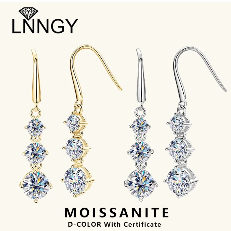 

Lnngy 6.5mm&5mm&4mm Moissanite Drop Earring Certified 925 Sterling Silver Three Stone Dangle Earrings for Wedding Jewelry Gift
