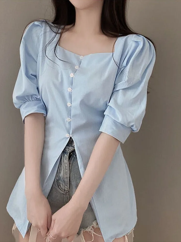 

Blue Bubble Sleeve Shirt Women's Chic Fashion Square Collar Design Slit Hem Shirt Summer Top Korean Style Waist Cinched