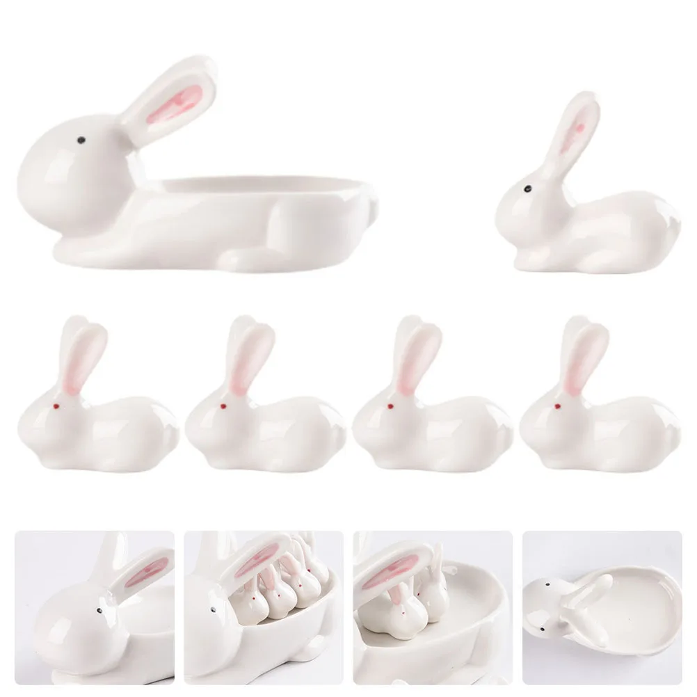 

5 Small Chopstick Stands 1 Tray White Porcelain Ceramic Kitchen Supply Table Decor Rabbit Shaped Rest Japanese Style Easy Clean