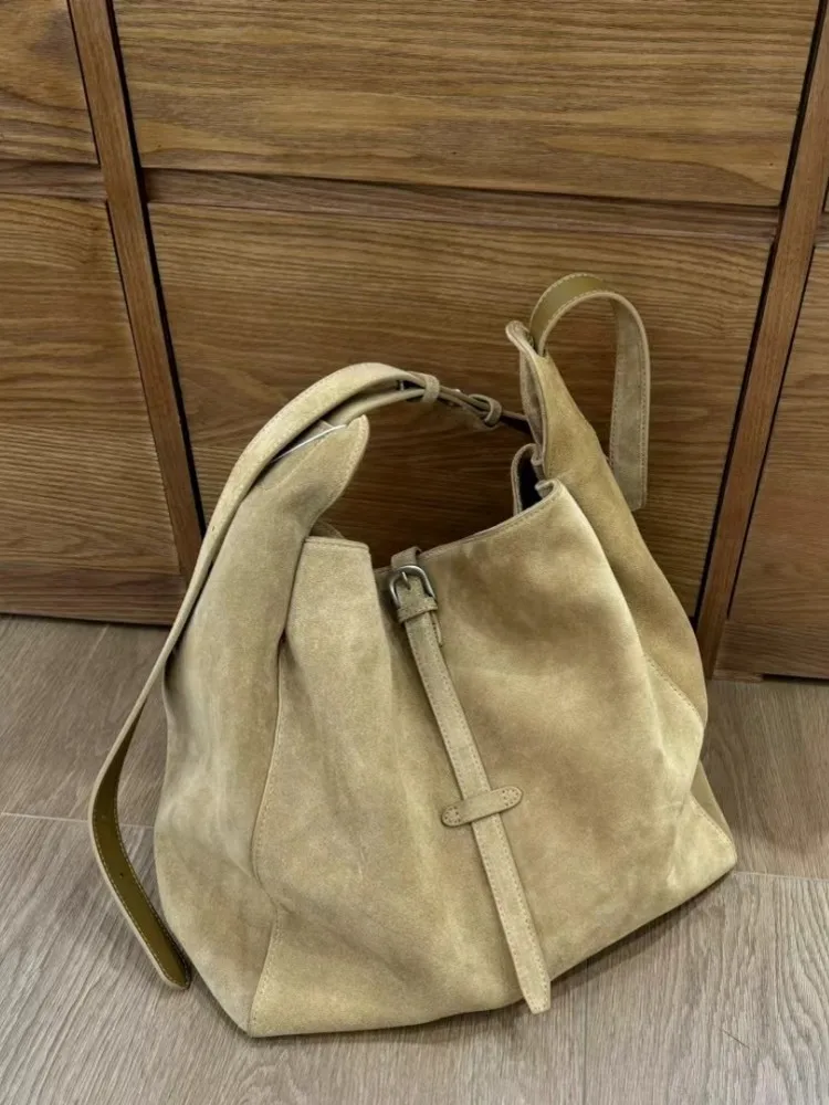 Casual Women Bucket Bag Vintage Solid Color Cow Suede Leather Versatile Fashion Ladies Single Shoulder Underarm Crossbody Bag