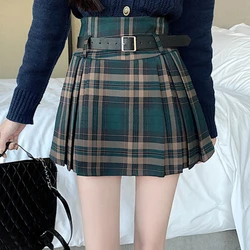 Green Plaid Tennis Mini Skirt with Belt High Waist Box Pleat Short Skirt for Women Preppy Style Academia Vintage Outfit