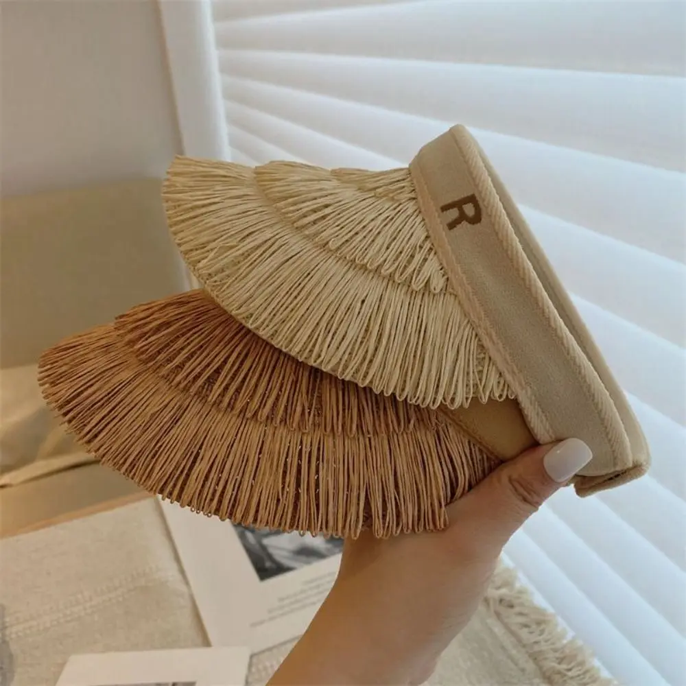 

Sunscreen Designer Tassel Straw Hats Empty Top UV Protection Empty Top Sun Hat Beach Summer Sunshade Cap for Women