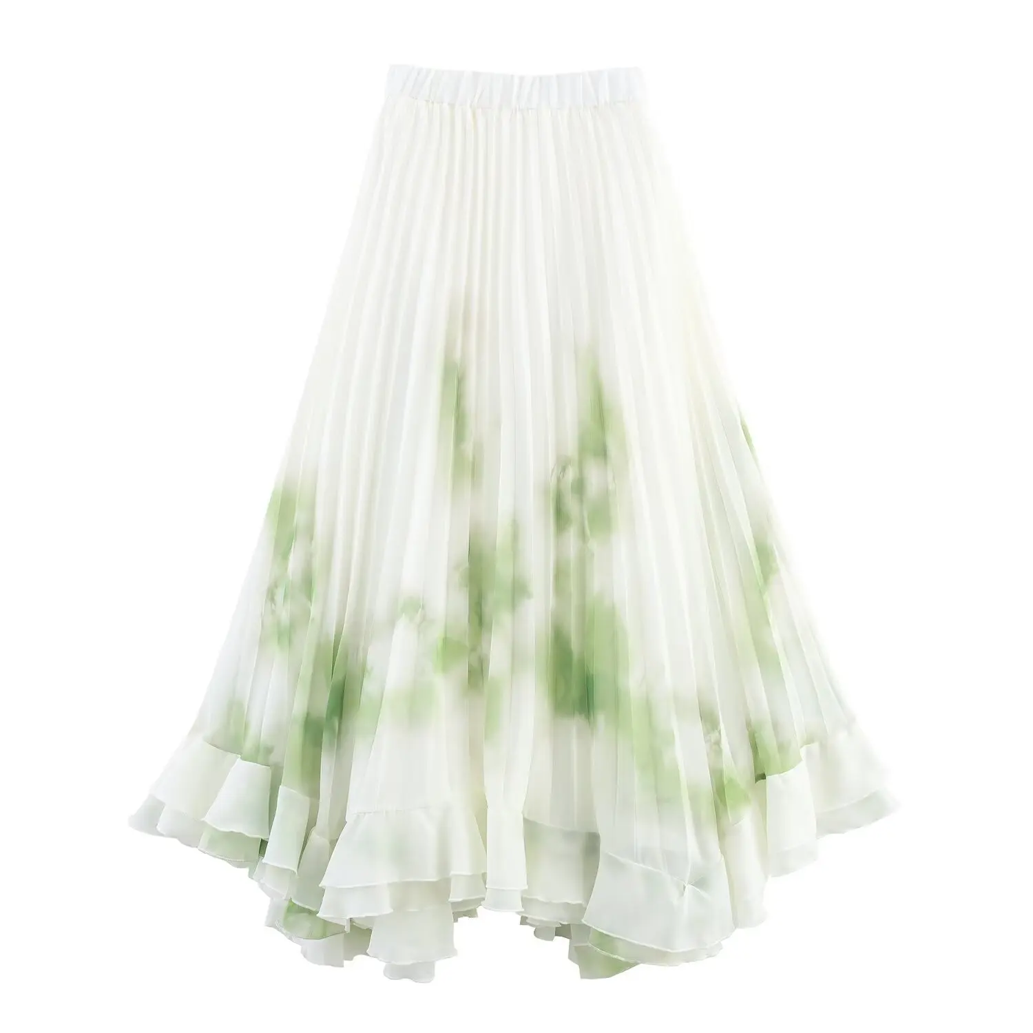 

Autumn Floral Printed Long Chiffon Skirt Elastic High Waist A Line Max Pleated Dress Summer Fresh Pleated Half Length Skirt