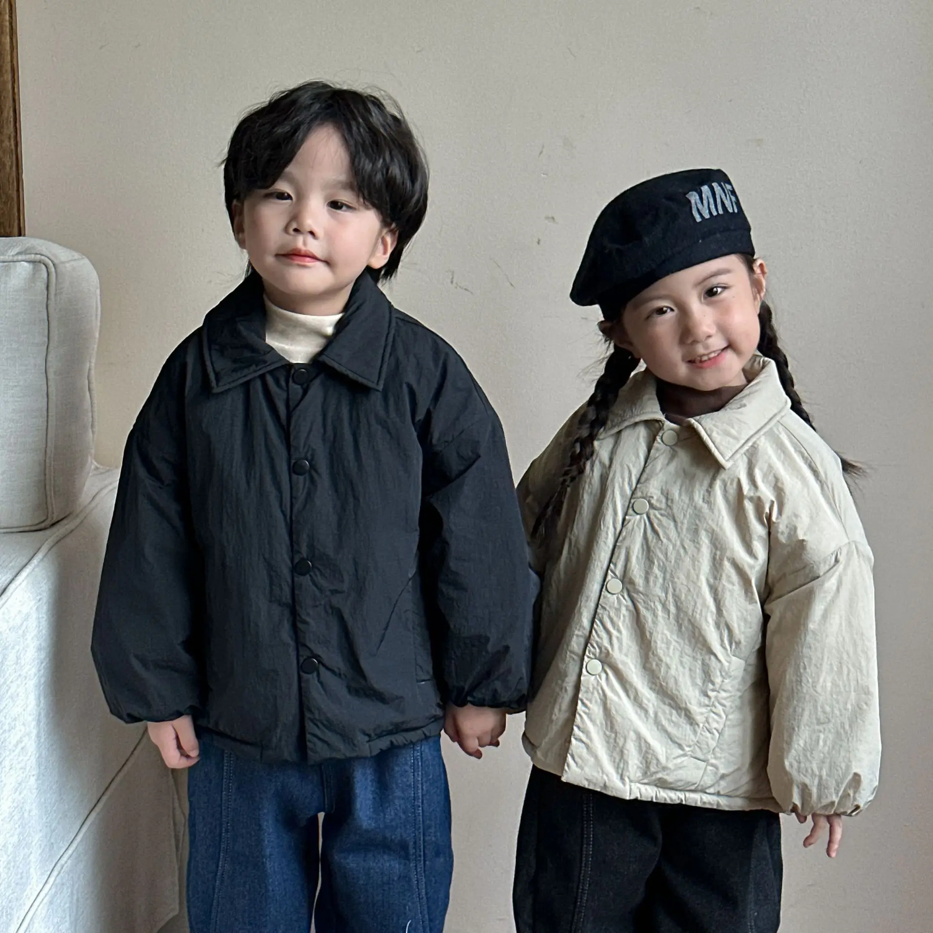 Children Clothing Solid Color Simple Thickened Cotton Padded Jacket 2024 New Winter Boys and Girls Fashion Loose All Match Coat