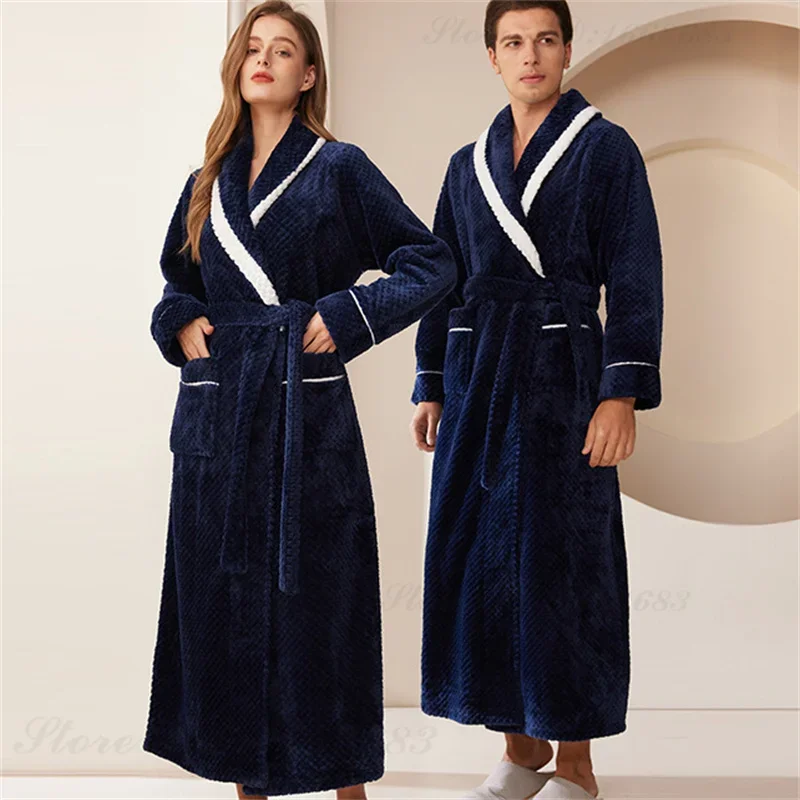 Albornoz Kimono de lana de Coral cálido para hombre, bata larga de franela gruesa, ropa de dormir para el hogar, ropa de dormir suelta, Otoño e