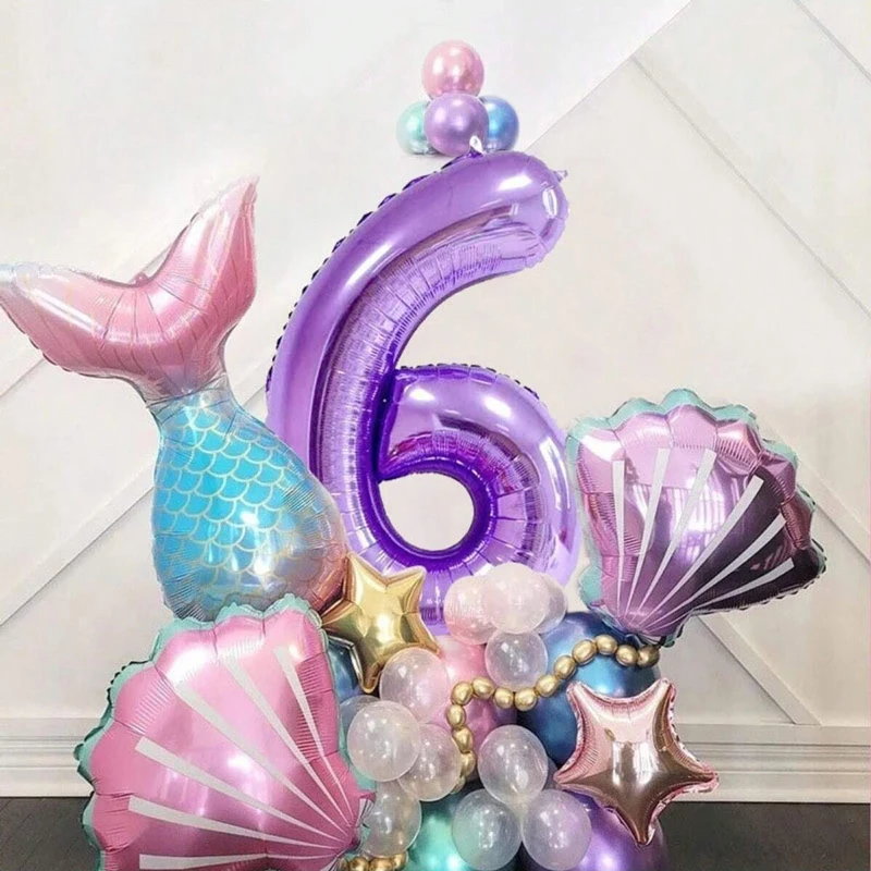 33pcs Mermaid Balloon Number Set Balloon Column Set Mermaid Theme Shell Children’s Birthday Party Celebration Scene Layout