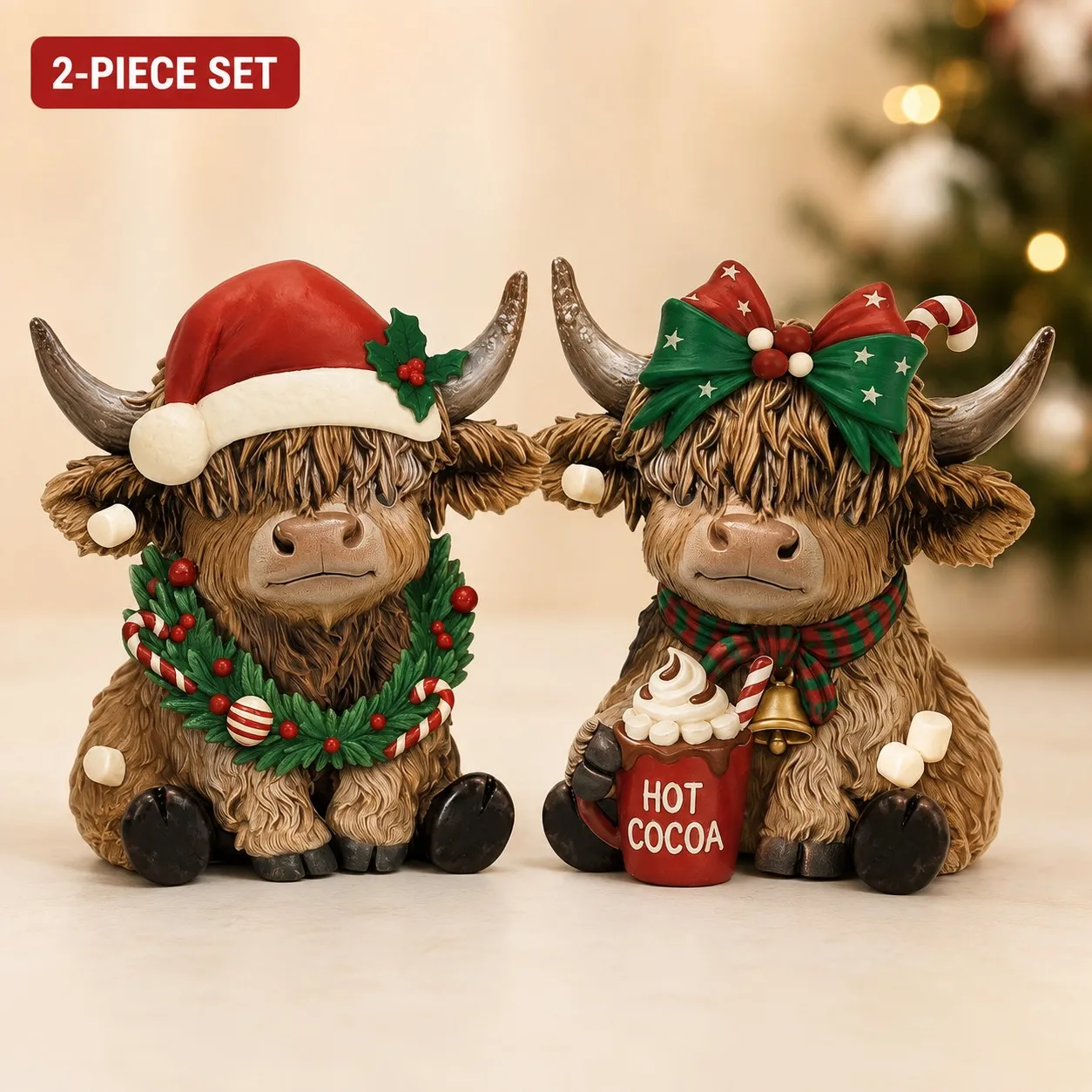 2PCS Christmas Highland Cow Figurine, Cute Cow Desktop Decor with Santa Hat Wreath Bow Hot Cocoa, Rustic Farmhouse Holiday Gift