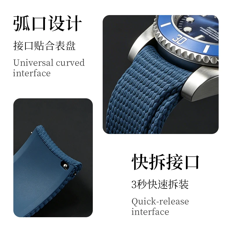 Curved Lug Fluororubber Watch Strap for Breitling Navitimer EB01381A1B1X1 Men’s Watch, Nylon Textured Rubber Band 22mm view 4