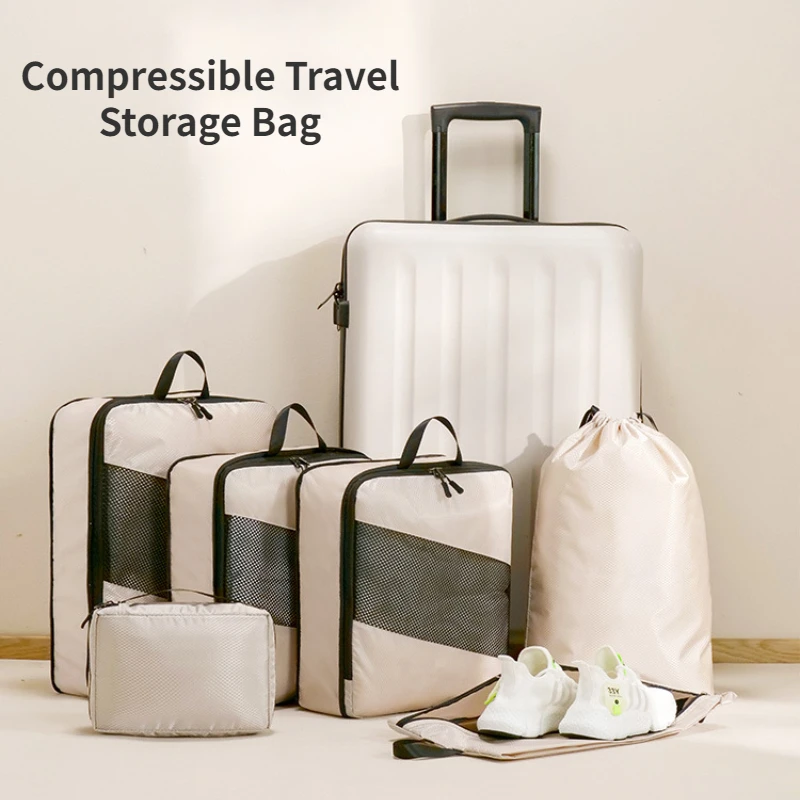 

6pcs/set Compression Pack Travel Storage Bag Organizer Cube Waterproof Suitcase Portable Handbag Luggage Clothes Shoe Tidy Pouch