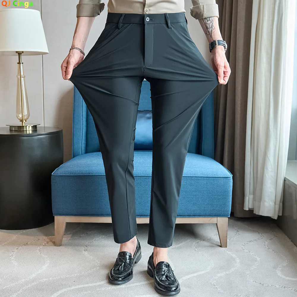 

Новые летние мужские брюки цвета хаки и черные деловые повседневные стрейч-брюки, доступны в азиатских размерах, сине-серые брюки.