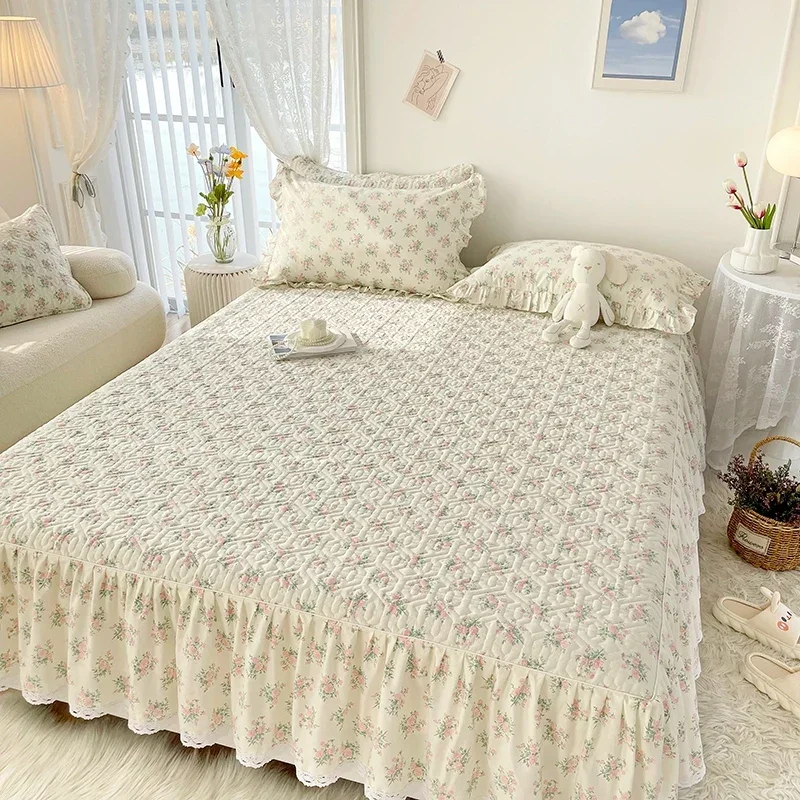 

1pc Pure Cotton Thicken Quilted Mattress Cover with Skirt Queen/King Bed Sheet Skirt Elastic Band 200x220cm (No Pillowcase) 스커트