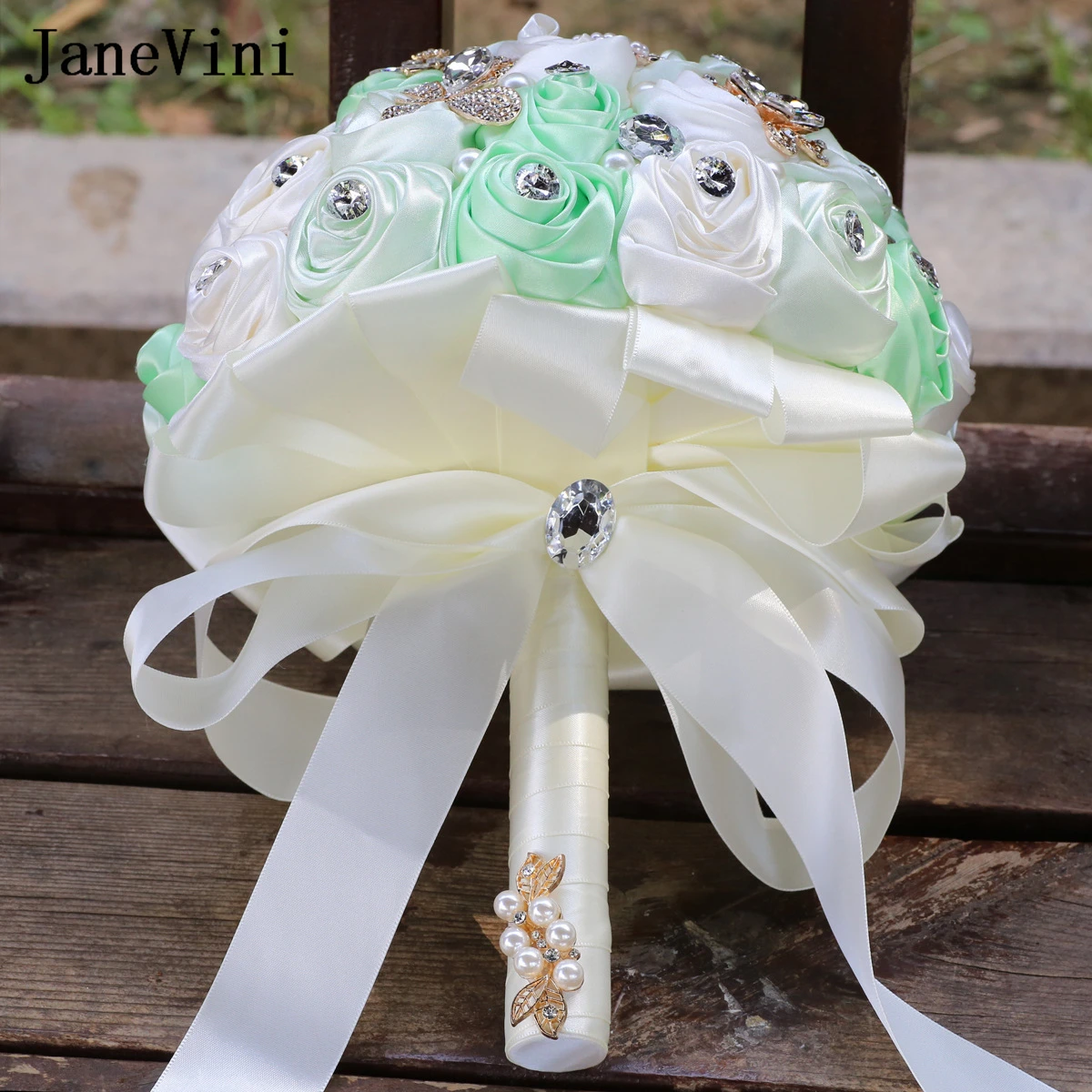 JaneVini Luxurious Crystal Gemstones Mint Green Bridal Bouquet Sparkly Jewelry Pearls Artificial Roses Flowers Wedding Bouquets