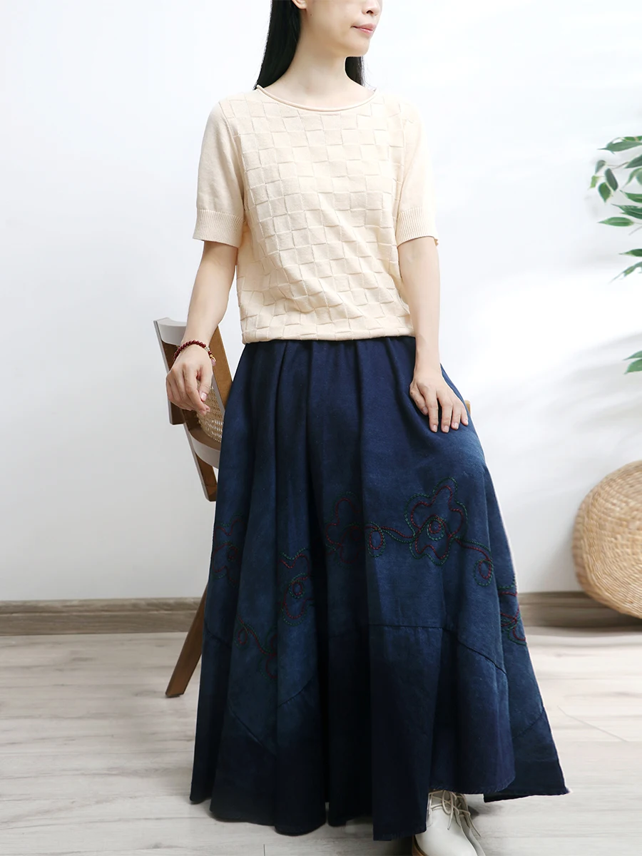 TIYIHAILEY Women's Long Maxi A-Line Denim Skirt, Elastic Waist, Embroidery,Blue Jeans, Winter and Autumn, 2024 New