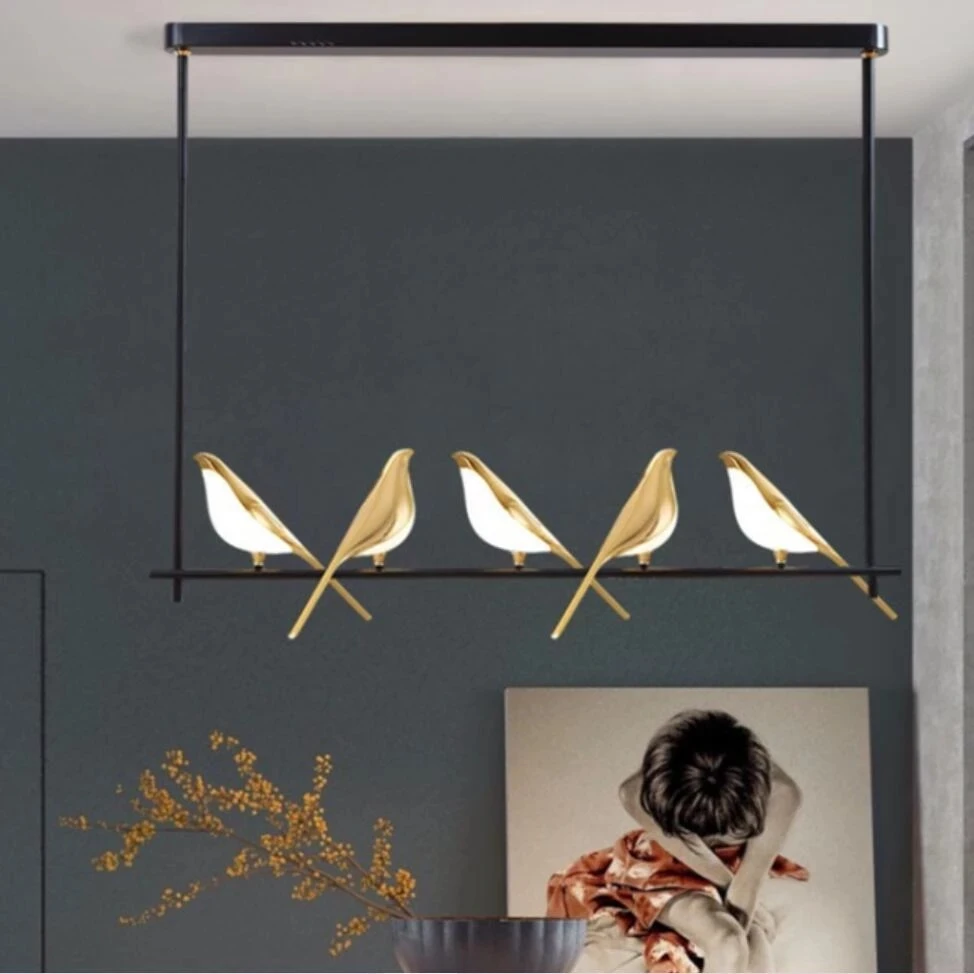 LED Gold Magpie Pássaro Teto Lustre, Suspensão Lâmpada Pingente, Iluminação Decorativa Lustre, Sala de Jantar, Novo