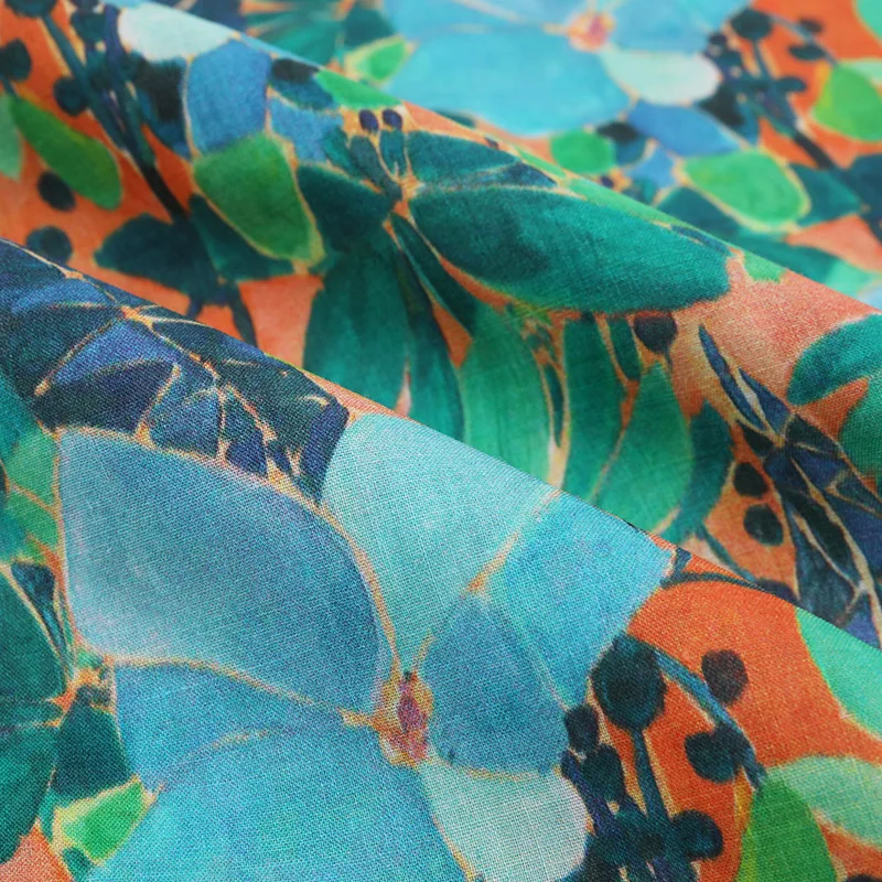 

1 ярд ткани рами синий цветок цифровая печать tissu дизайнерский халат платье брюки рубашка пальто ткань для материала