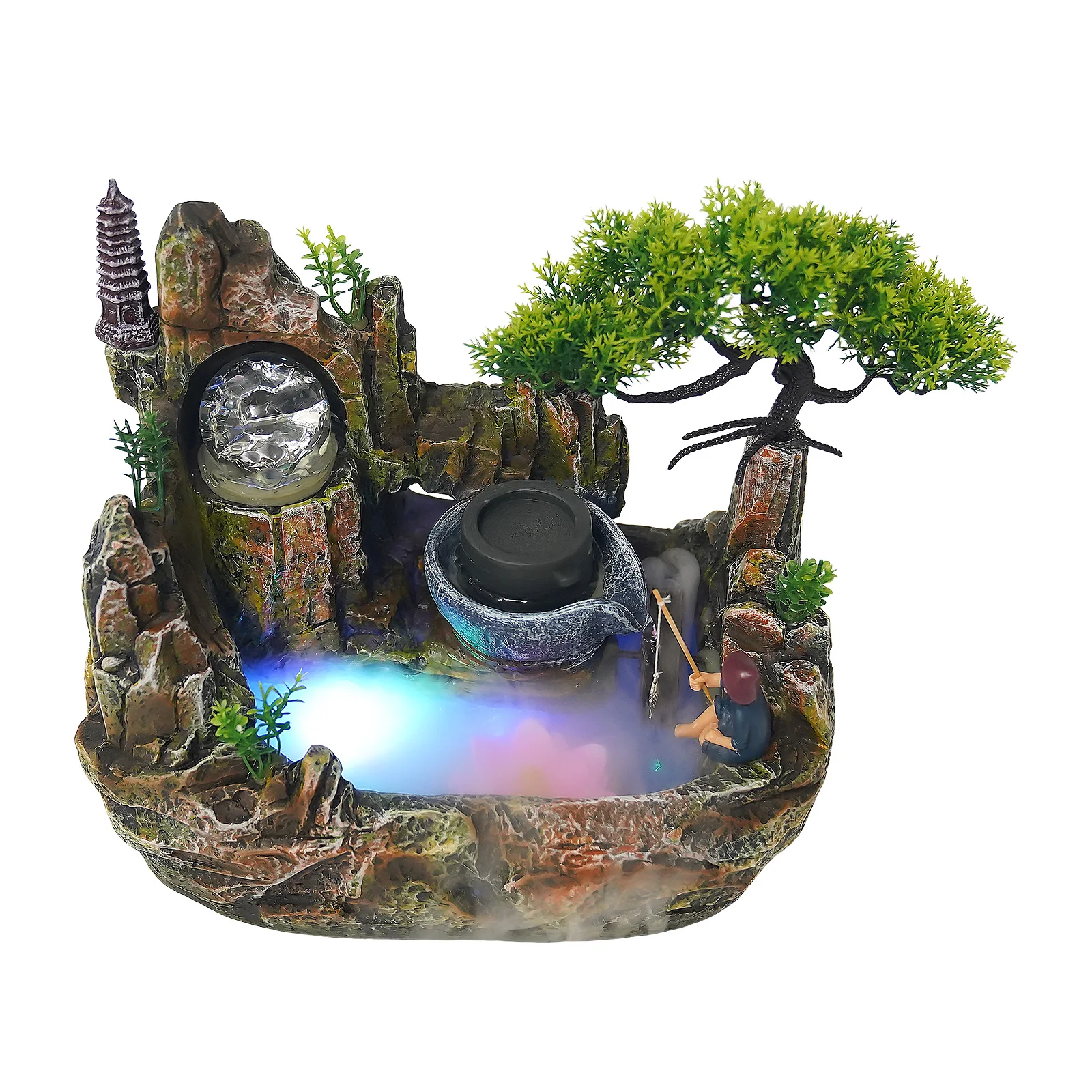 Fontaine d'eau de table, en résine avec procédé de peinture, design imitation pin et arbre, pompe silencieuse avec lumières LED, son d'eau courante pour la relaxation, pour la décoration de bureau, de maison ou de table.