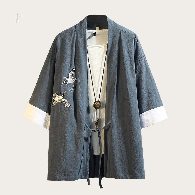 Ancient Chinese Style Crane Dragon Pattern Embroidered Linen Jacket Hanfu Men's Ancient Clothing Cotton Linen Taoist Robes XT918