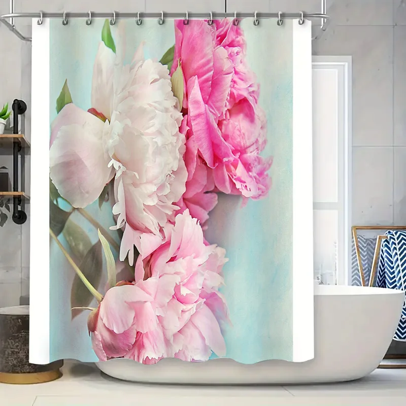 

Pink Peony Flower Shower Curtain Botanical Floral Print Bathroom Decor Vintage Rustic Farmhouse Washable Curtains
