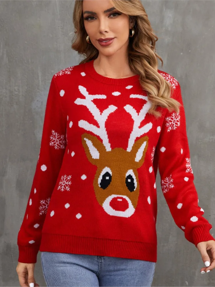 Sweter Natal Kartun Musim Gugur dan Musim Dingin Sweter Rajutan Pullover Leher O Sweter Pesta Longgar Kasual Elegan Fashion Baru