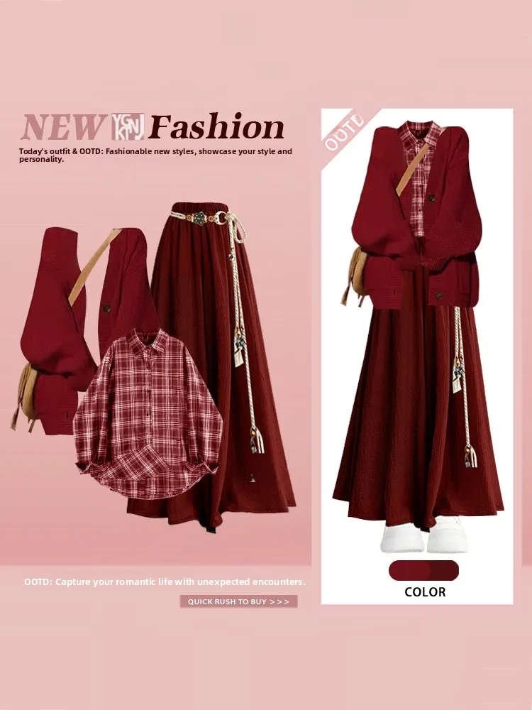

New Year's Knitted Wrap Women's Fashion Set with Plaid Shirt Dress And Pants Red Atmosphere Sensation Zodiac Year Casual Style