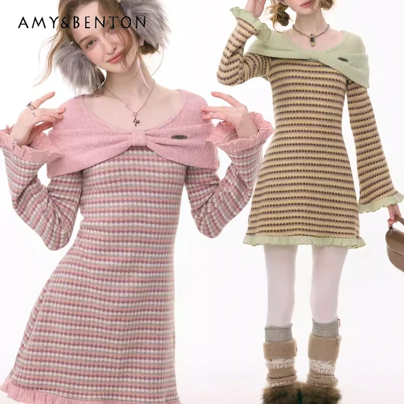 

2026 Autumn Winter New Splicing Temperament Women's Dress Japanese Design Sweet Cute Bow Plaid Knitted Ruffled Dresses Ladies