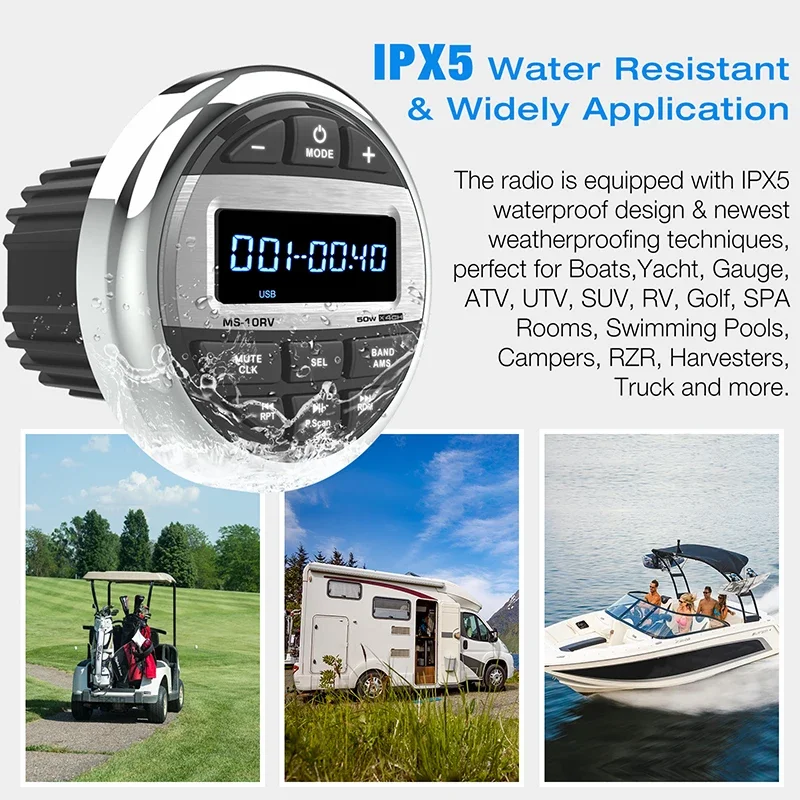 Marine Stereo Boat Radio Waterproof With Speaker Bluetooth FM AM Digital Media Audio Player For Yacht Gauge ATV UTV RV Golf Cart