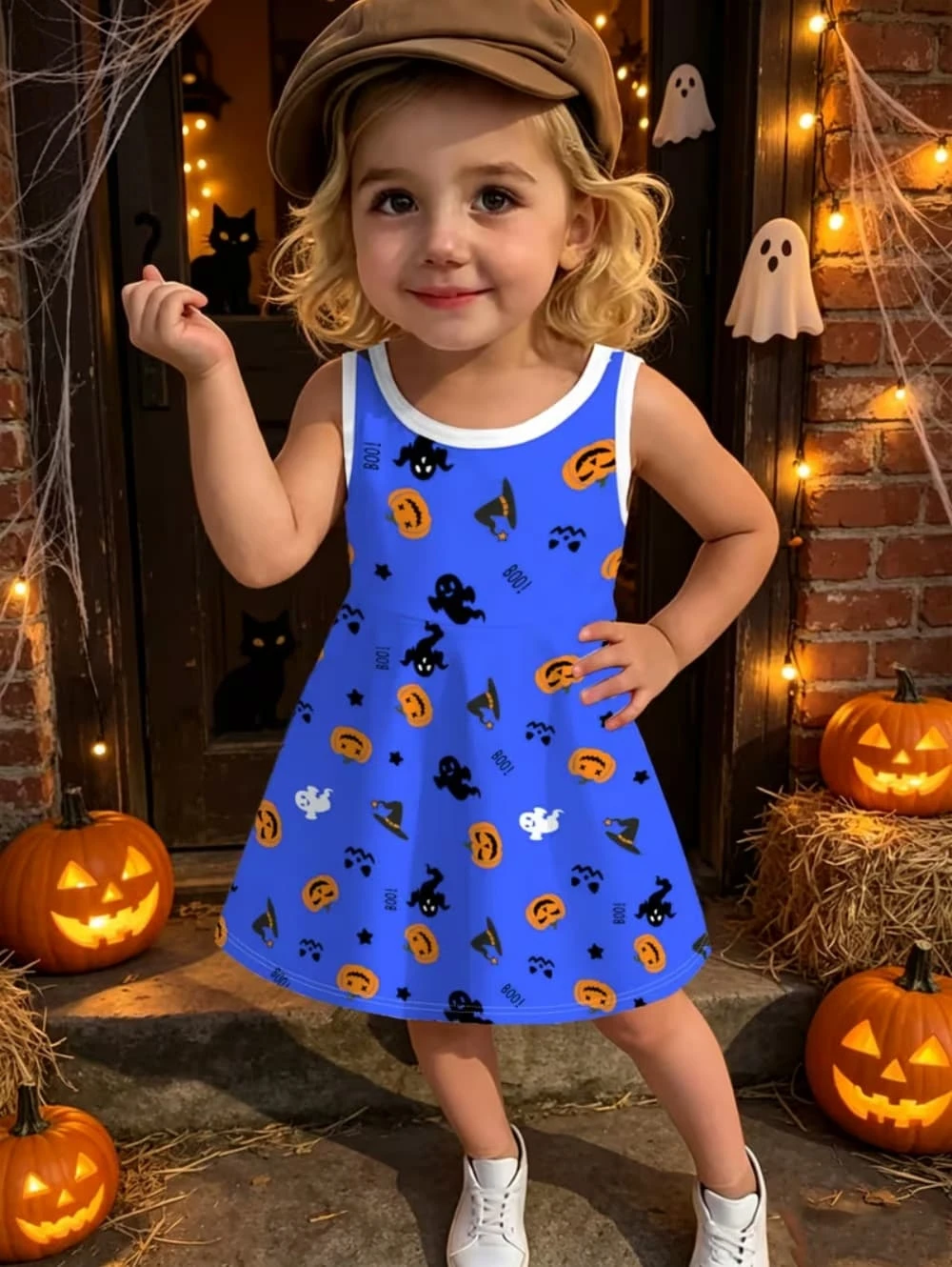 Kids Halloween Dress Sleeveless Costume Dress for Girls Ghost Pumpkin Spider Print Purple White Cute Party Outfit Girl Clothes