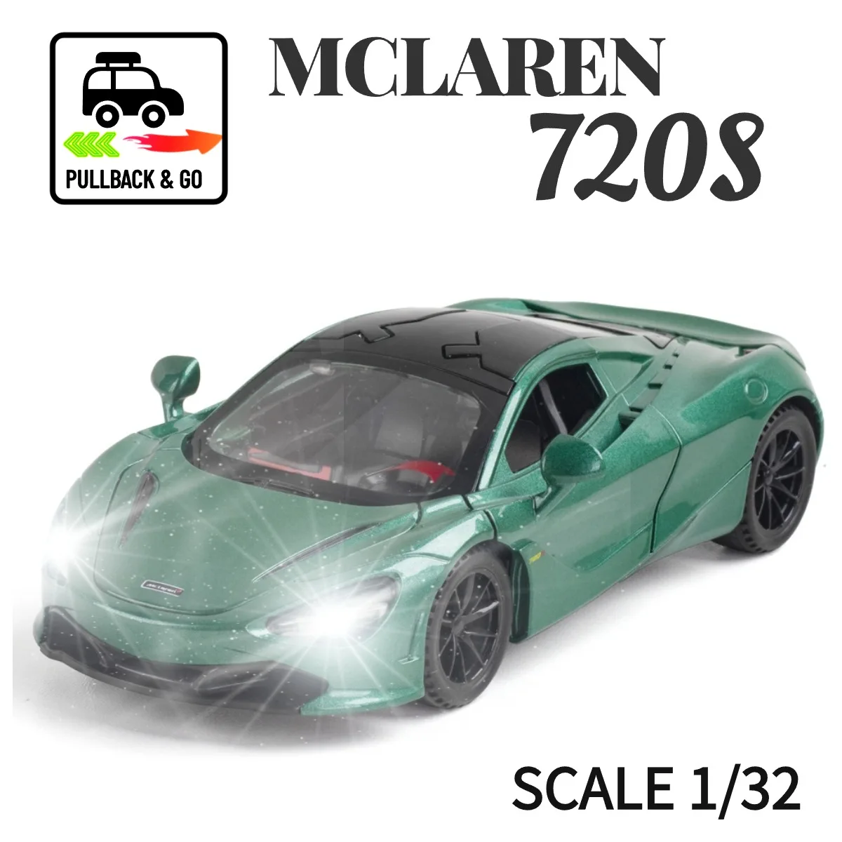 

1:32 Mclaren 720S Pullback Car Toy with Lights Engine Sound, Porsche 911 Audi Scale Diecast Car Model Replica Kid Boy Play Gift