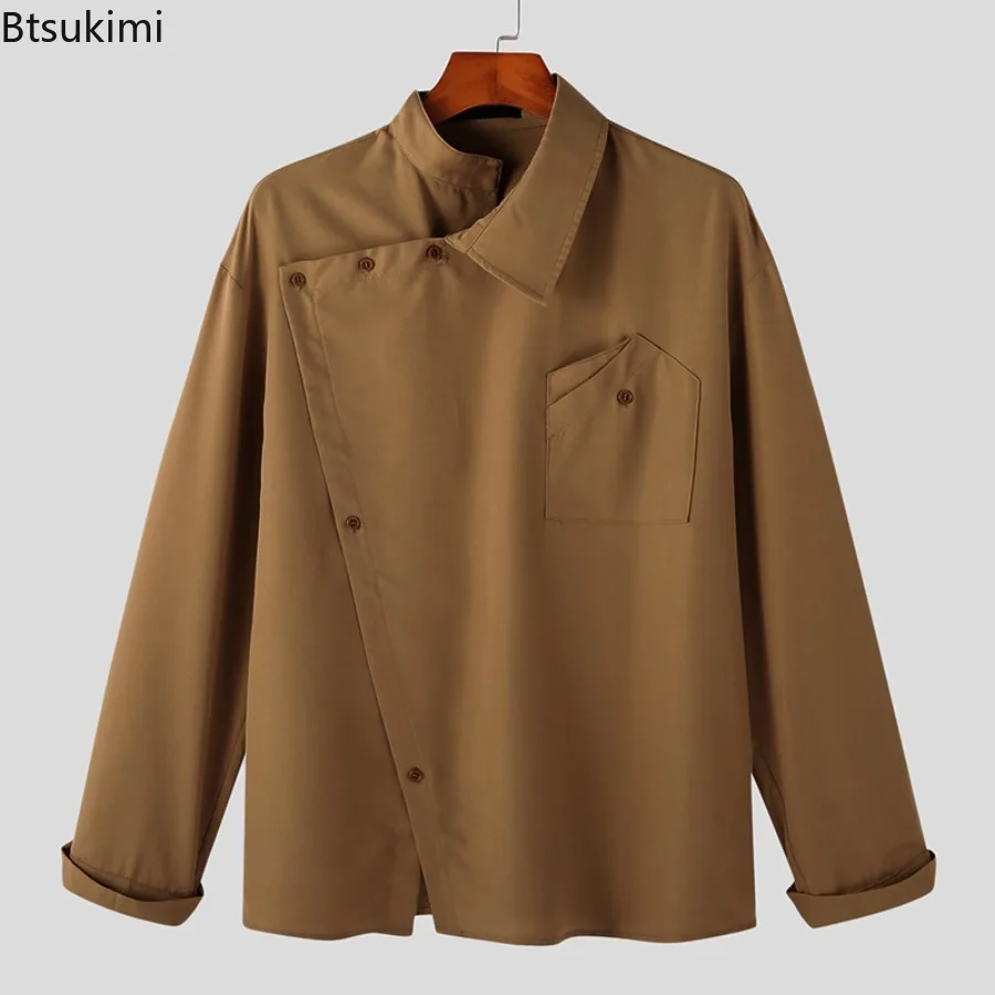 New Men's Irregular Shirt Spring Solid Color Stand Collar Loose Long Sleeve Casual Men Clothing Streetwear Fashion Male Shirts
