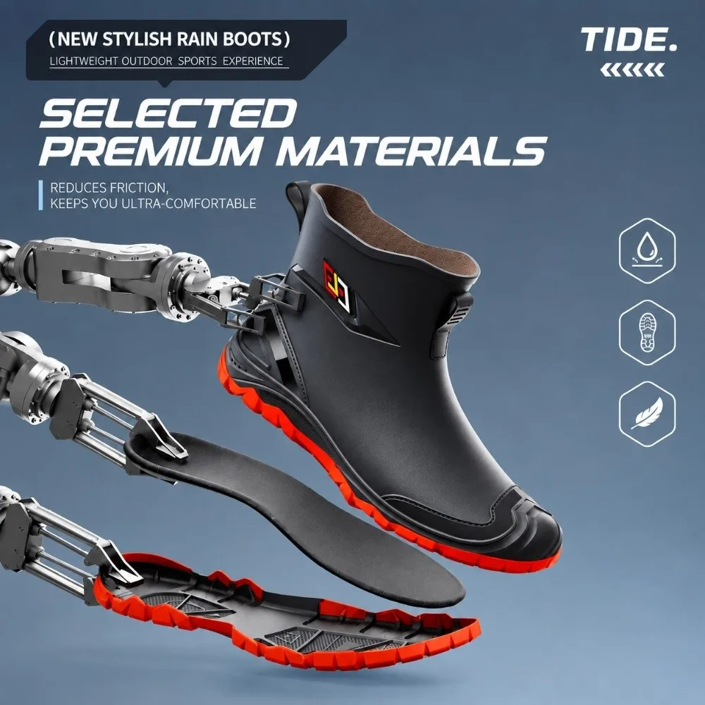 Premium Waterproof Men Work Rain Boots Wear-resistant Non-slip Short Rubber Boots Durable Lightweight Fishing Waders Outdoor