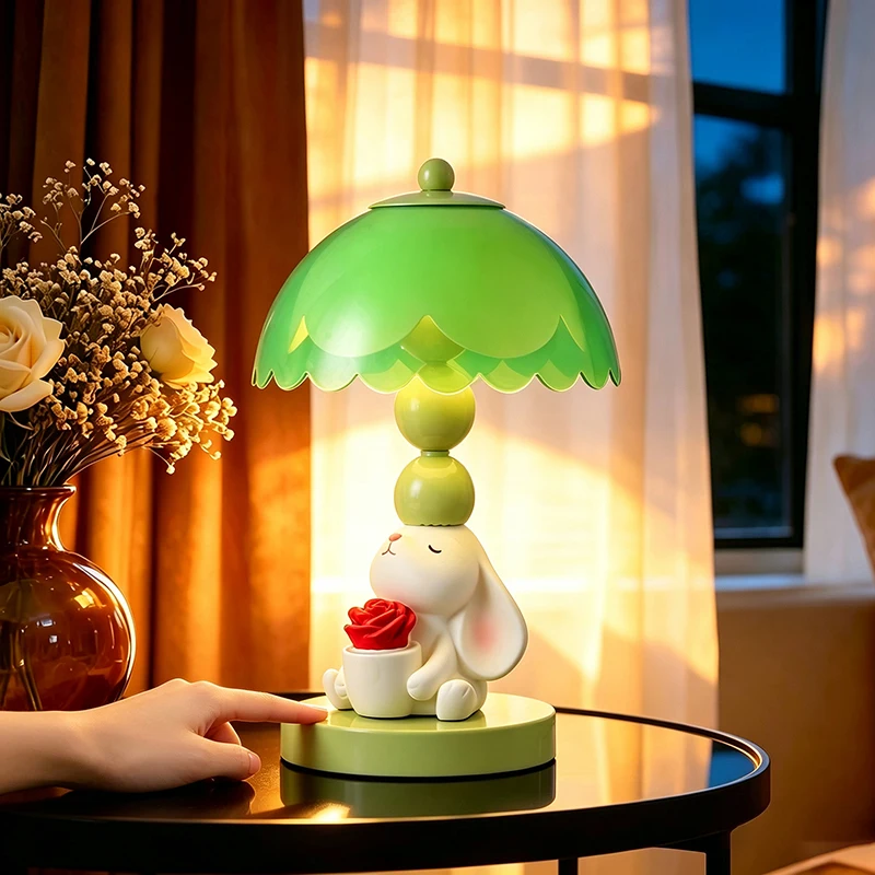 Cute Lop Rabbit Rose Table Lamp Green Scalloped Lampshade Warm Night Light Bedroom Desktop Sweet Ambient Decor Lighting Ornament